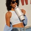 image32 oz Tumbler with Handle and Straw Stainless Steel Insulated Tumbler Keeps Cold for 24 Hours Leakproof Travel Cup Fits in Cup Holder and BPAFree Beaucoup BlueCream Moon