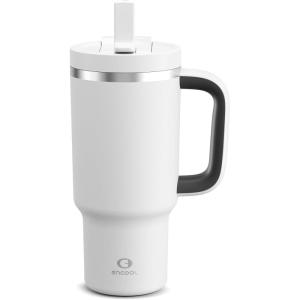 image32 oz Tumbler with Handle and Straw Stainless Steel Insulated Tumbler Keeps Cold for 24 Hours Leakproof Travel Cup Fits in Cup Holder and BPAFree Beaucoup BluePolar White