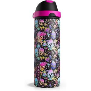 imageENCOOL Insulated Water Bottle with Straw Stainless Steel Water Bottle with Push Button Lid LeakProof ampamp BPAFree Keeps Cold for 24 Hours for Sports Travel Gym 32 oz Hazy BlueBlueTrippy Skulls
