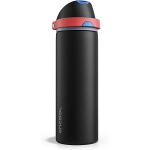 imageInsulated Water Bottle with Straw  Encool Stainless Steel Water Bottle with Push Button Lid LeakProof ampamp BPAFree Keeps Cold for 24 Hours for Sports Travel Gym 32 oz Oil BlackOil Black
