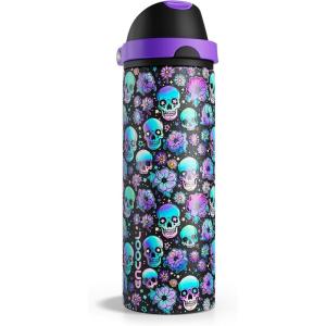 imageInsulated Water Bottle with Straw  Encool Stainless Steel Water Bottle with Push Button Lid LeakProof ampamp BPAFree Keeps Cold for 24 Hours for Sports Travel Gym 32 oz Oil BlackFloral Afterlife